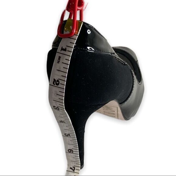 SS Signature by Sangria Black Faux Patent Leather Faux Suede Peep Toe Stilettos - Picture 10 of 14